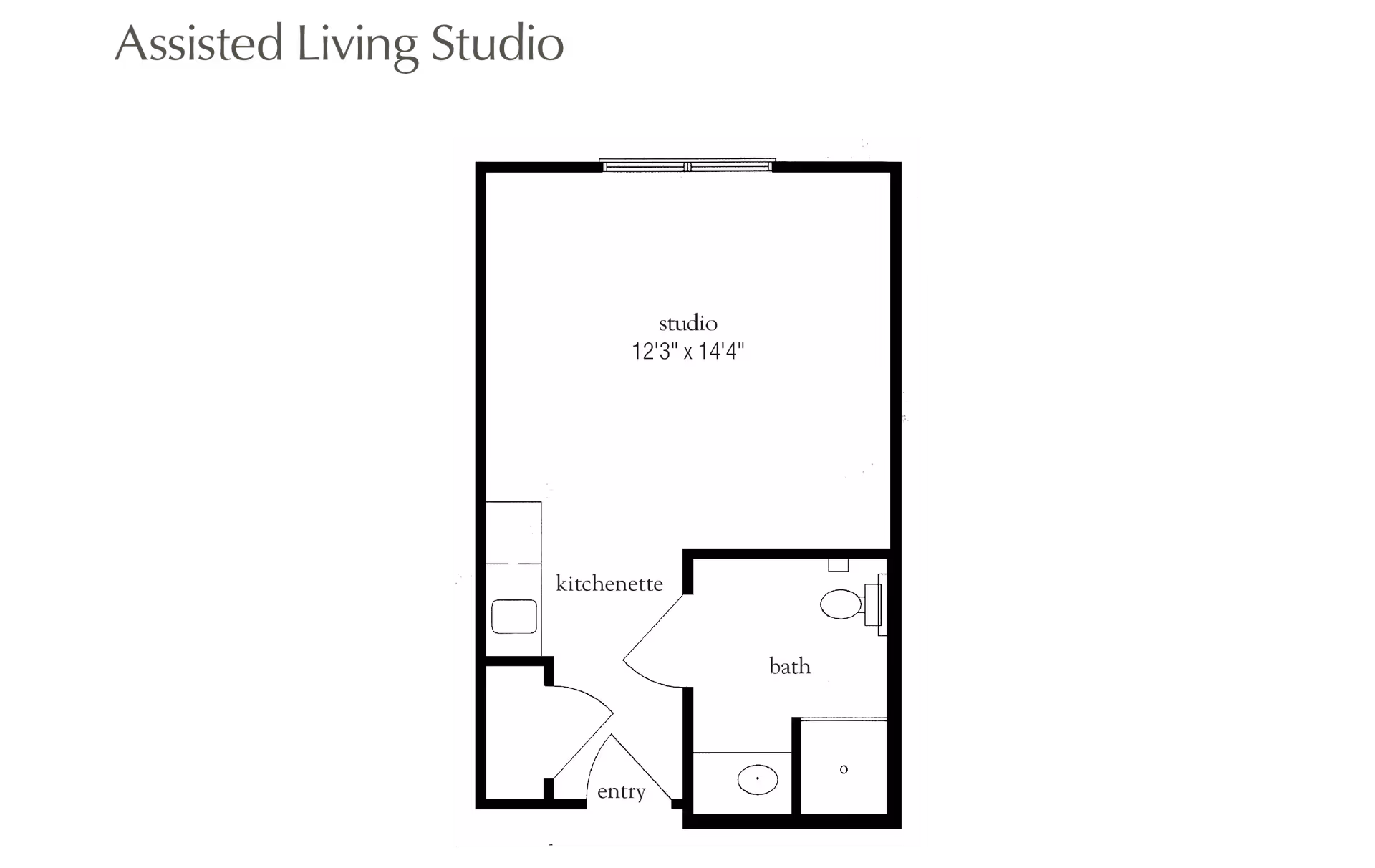 Floor plan of an assisted living studio apartment showing a studio room measuring 12 feet 3 inches by 14 feet 4 inches, a kitchenette, an entry area, and a bathroom with a toilet, sink, and shower.
