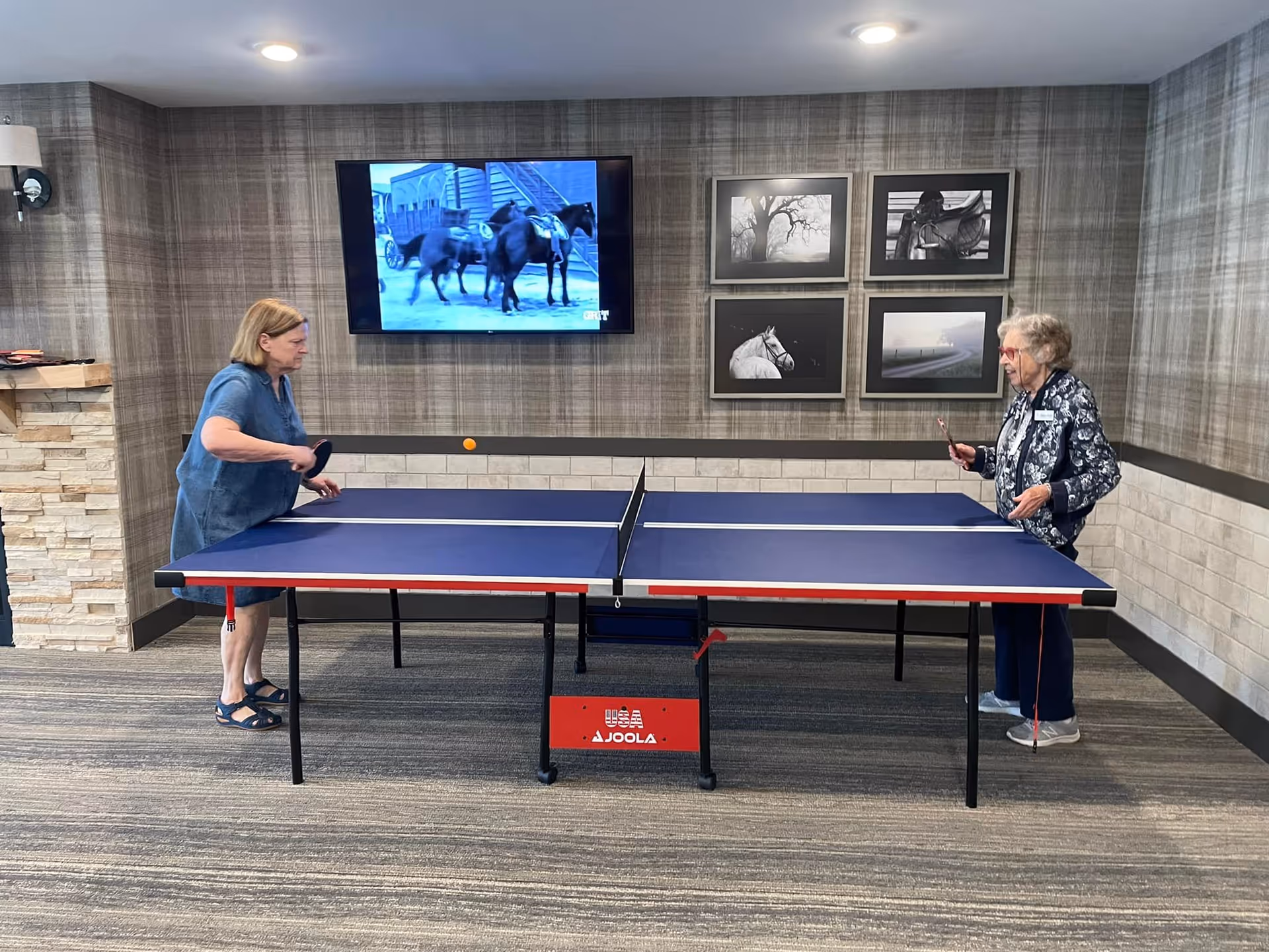 Two elderly women playing table tennis indoors in a room with plaid wallpaper and framed black and white pictures on the wall. A television mounted on the wall displays an image of horses.