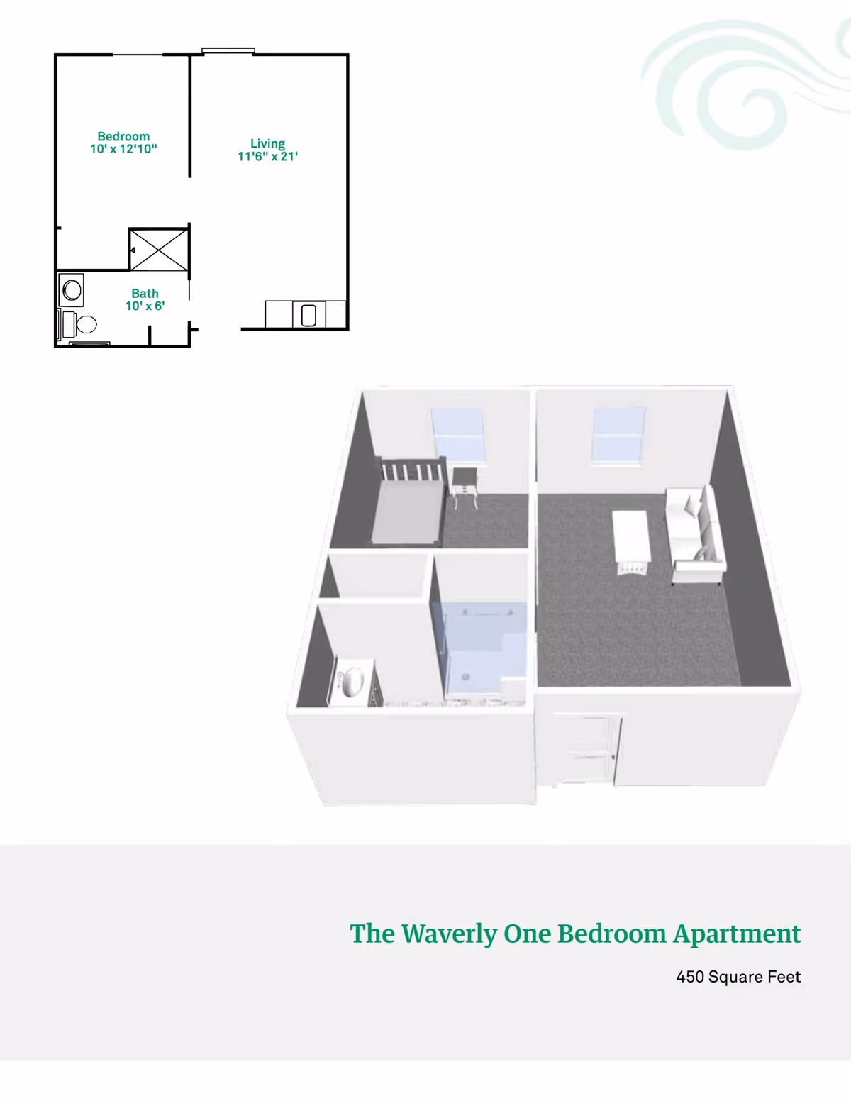 Floor plan and 3D layout of The Waverly One Bedroom Apartment at Meadow Lakes Assisted Living and Garden Homes, showing a bedroom, living room, and bathroom with dimensions.
