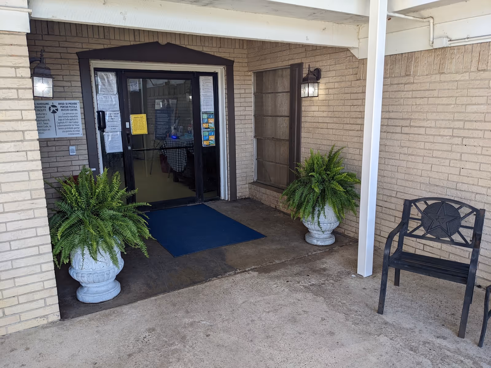 Entrance to a building with double glass doors, two large potted ferns on either side of the door, a black metal chair with a star design on the backrest to the right, and a blue doormat in front of the doors. The walls are light-colored brick, and there are two wall-mounted lantern-style lights above the plants.