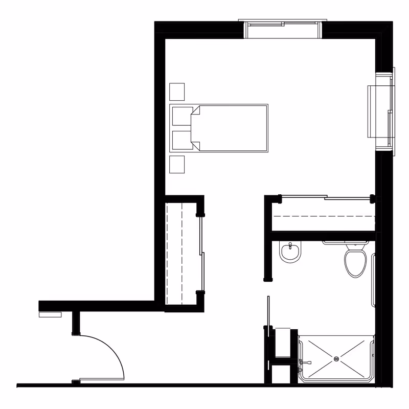 Architectural floor plan of a small living space including a bedroom area with a bed and two nightstands, a bathroom with a sink, toilet, and shower, and an entry door.