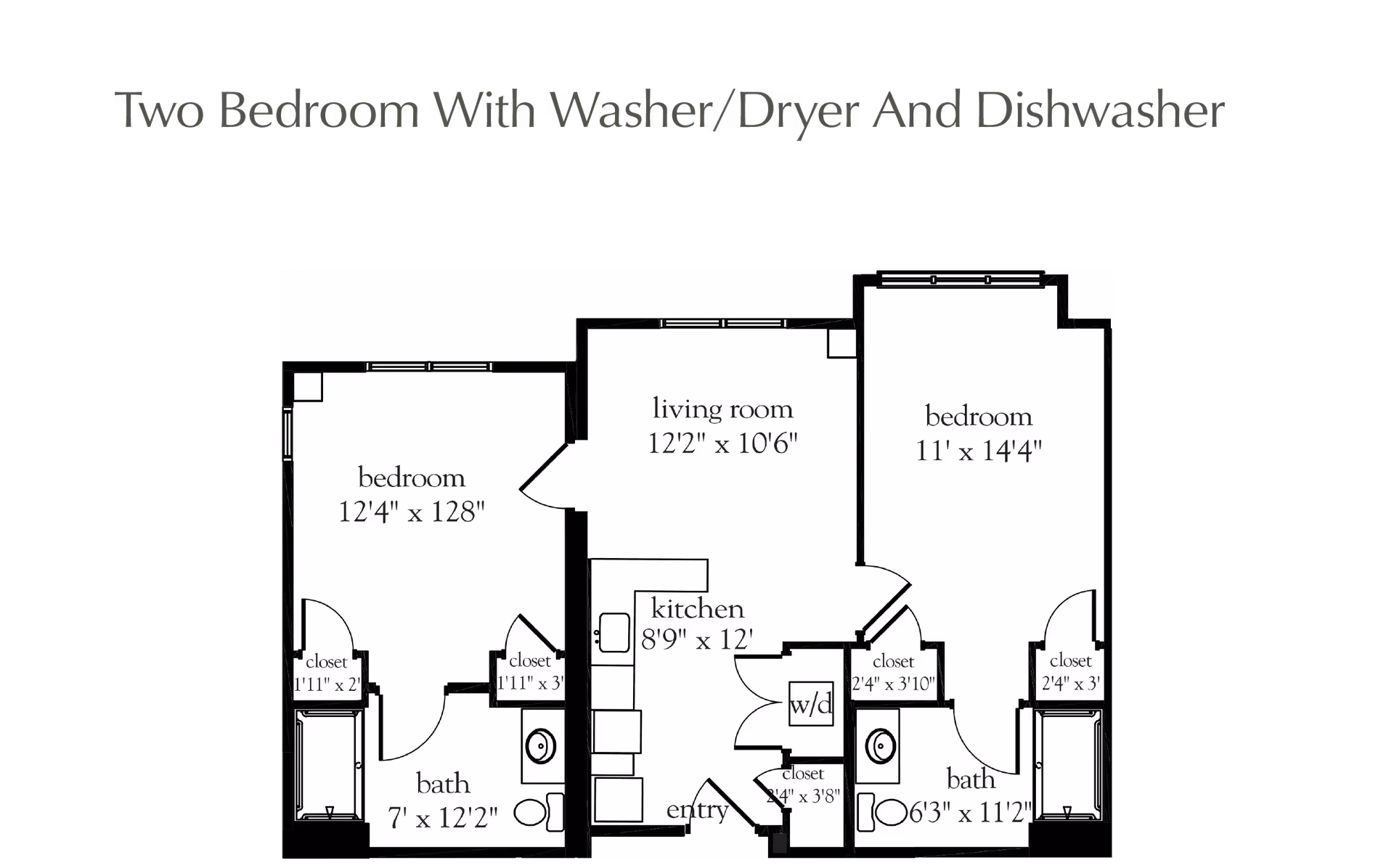 Floor plan of a two-bedroom apartment featuring a living room, kitchen, two bathrooms, closets, and washer/dryer area. The living room measures 12'2" x 10'6", the kitchen is 8'9" x 12', one bedroom is 12'4" x 12'8", and the other bedroom is 11' x 14'4". Each bedroom has closets and adjacent bathrooms.