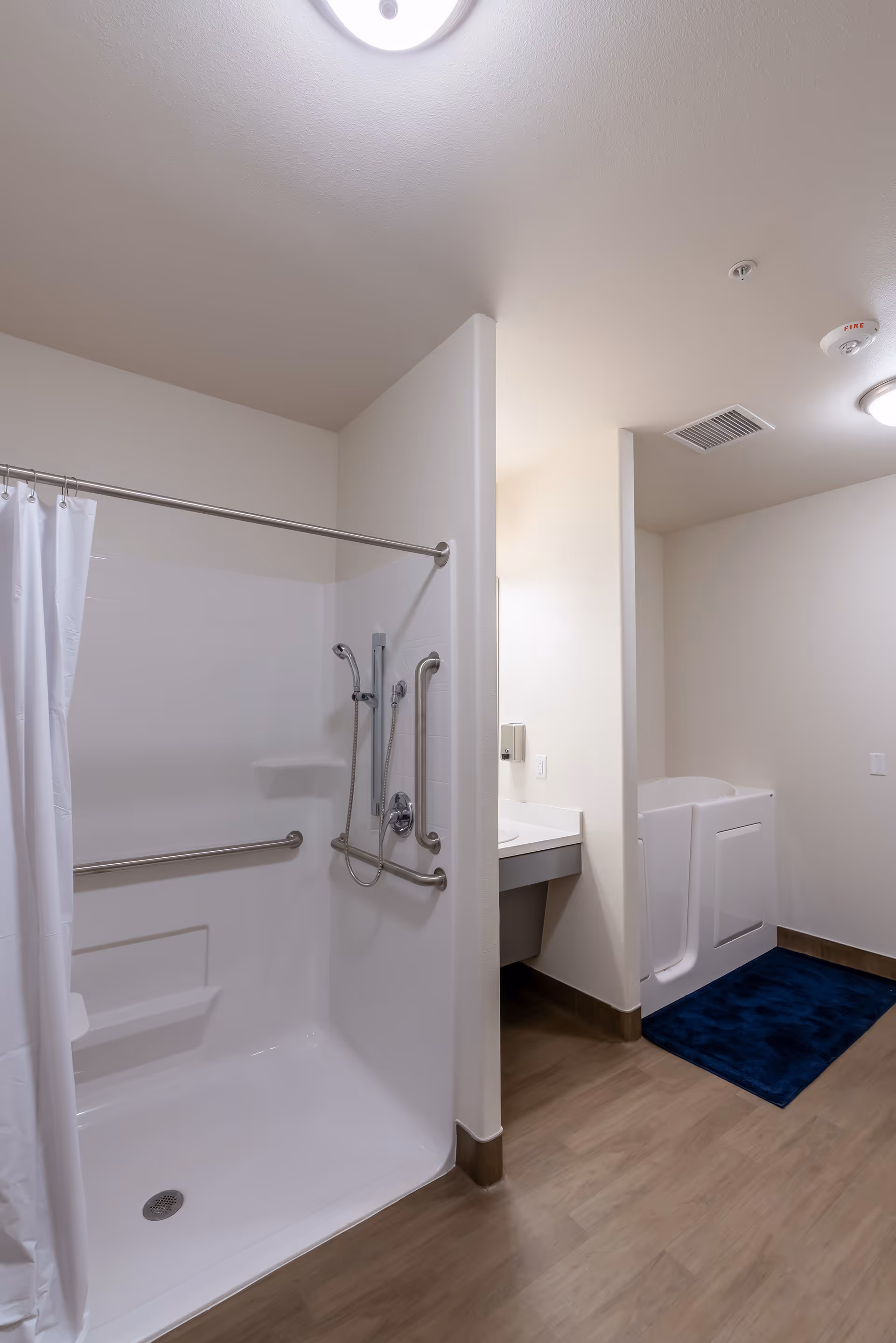 A clean, accessible bathroom featuring a walk-in shower with grab bars and a handheld showerhead, a walk-in bathtub with a door, a blue bath mat, and a vanity with a sink and mirror.
