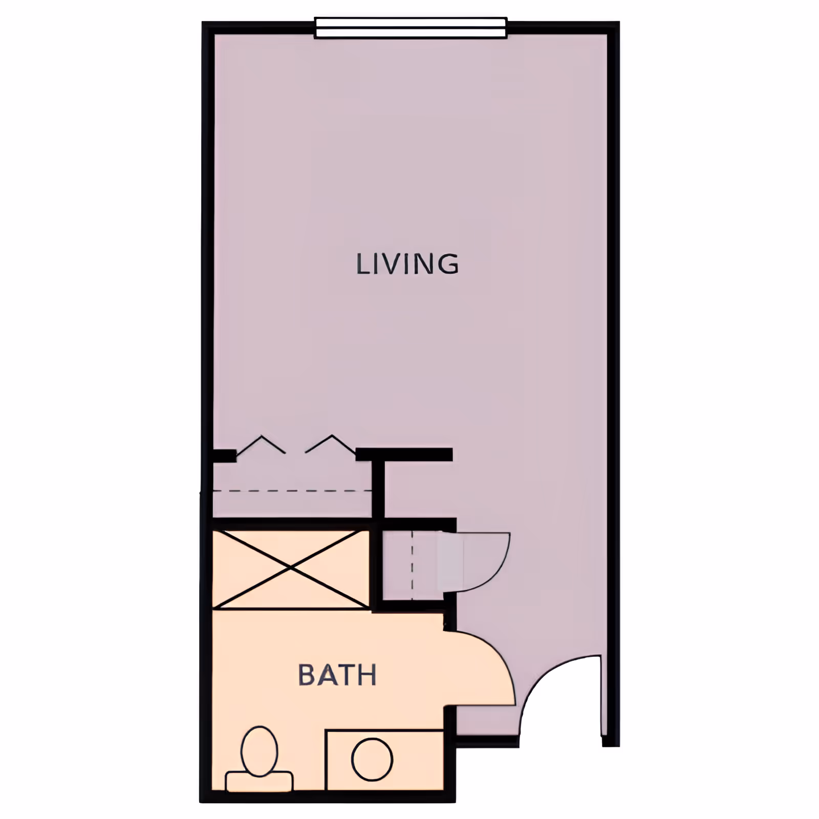 Floor plan showing a living area labeled 'LIVING' and a bathroom labeled 'BATH' with a toilet and sink. The layout includes doors and closet spaces.