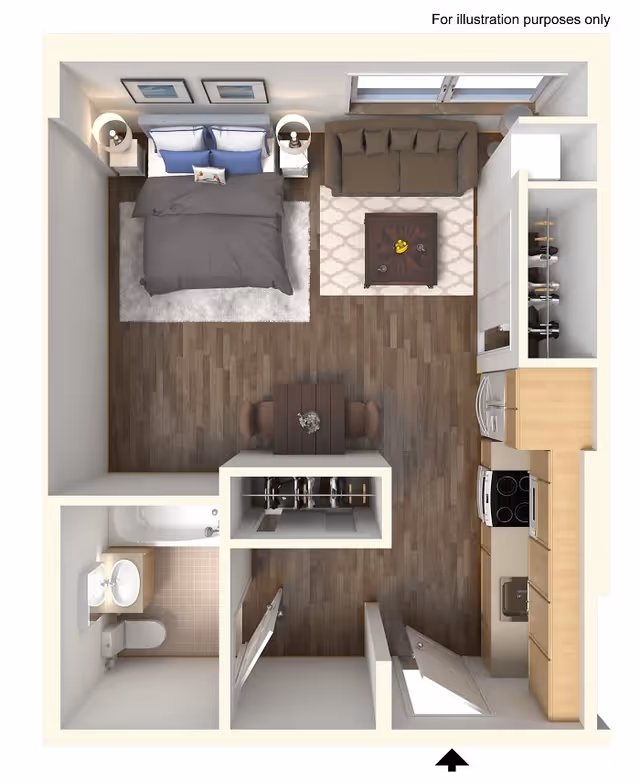 Top-down view of a studio apartment floor plan featuring a bedroom area with a bed and nightstands, a living area with a sofa and coffee table, a dining area with a small table and two chairs, a kitchen with appliances and cabinets, a bathroom with a toilet, sink, and bathtub, and a closet space.