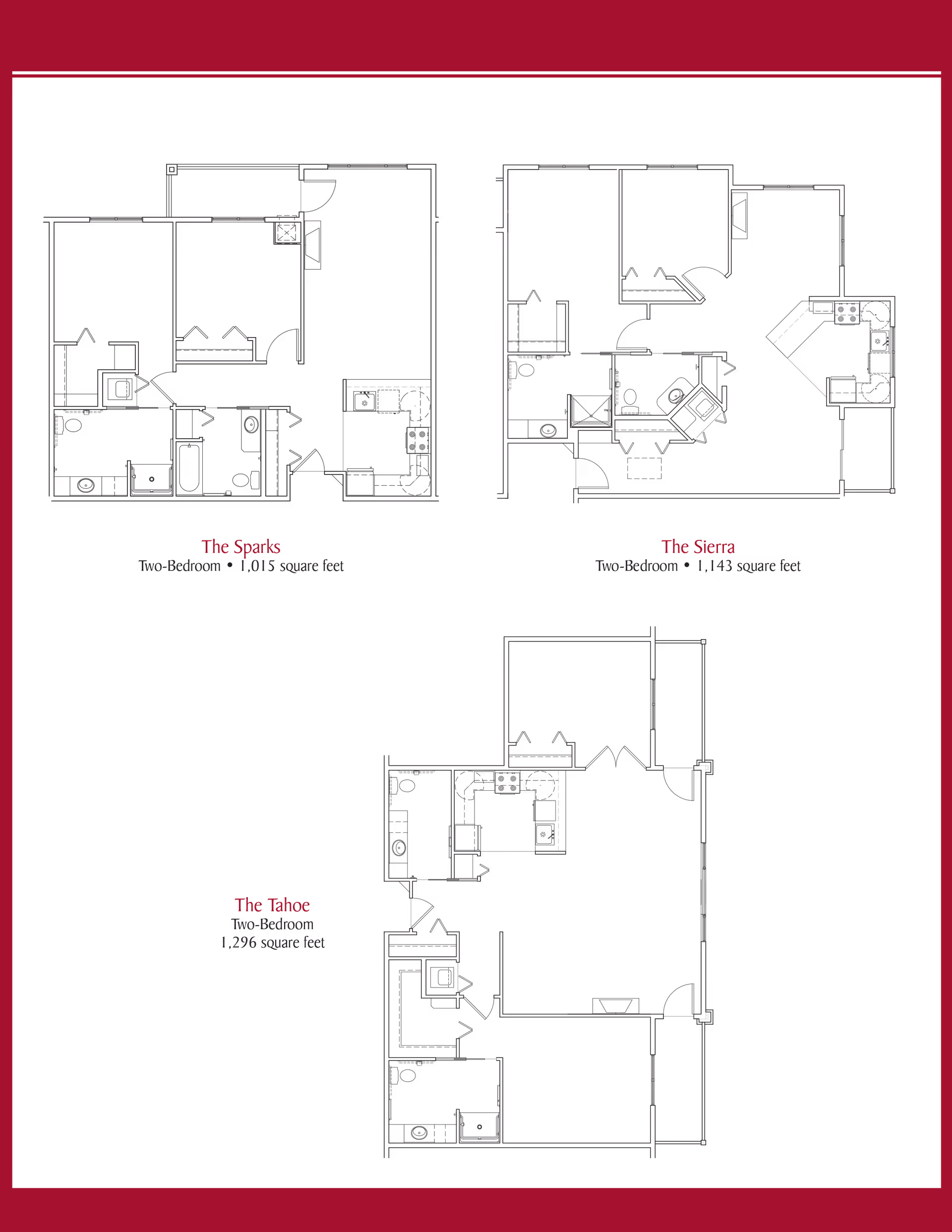 Architectural floor plans for three two-bedroom apartment layouts named The Sparks, The Sierra, and The Tahoe at Cascades of the Sierra, showing room arrangements and square footage for each unit.