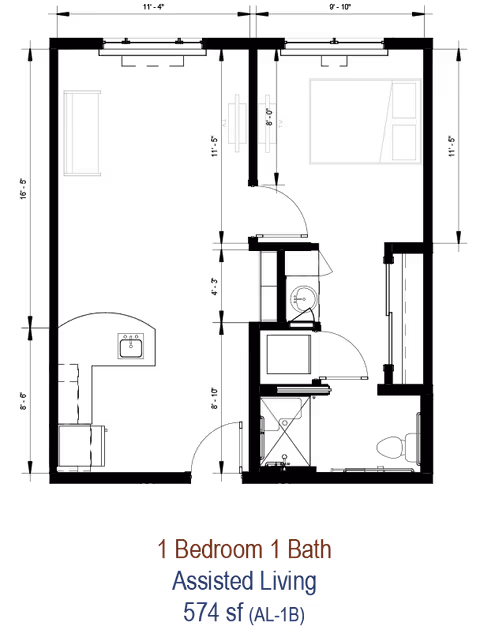 Black background architectural floor plan showing a 1 bedroom, 1 bath assisted living unit with furniture outlines and text reading '1 Bedroom 1 Bath Assisted Living 574 sf (AL-1B)'.
