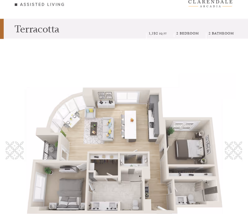 3D floor plan of a two-bedroom, two-bathroom assisted living apartment named Terracotta at Clarendale Arcadia. The layout includes a living room with sofa and chairs, a kitchen with an island and bar stools, a dining area by large windows, two bedrooms with beds and nightstands, two bathrooms, and closets. The design features light wood flooring in common areas and carpet in bedrooms.