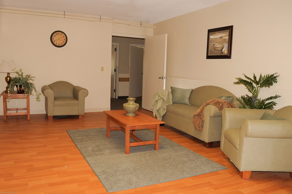 A living room with light brown walls and wooden flooring. The room contains a green sofa with pillows and a throw blanket, two matching armchairs, a wooden coffee table with a green vase, a side table with a lamp and a plant, a wall clock, a framed picture of a boat, and a potted plant in the corner. The door in the background is open, showing a hallway.