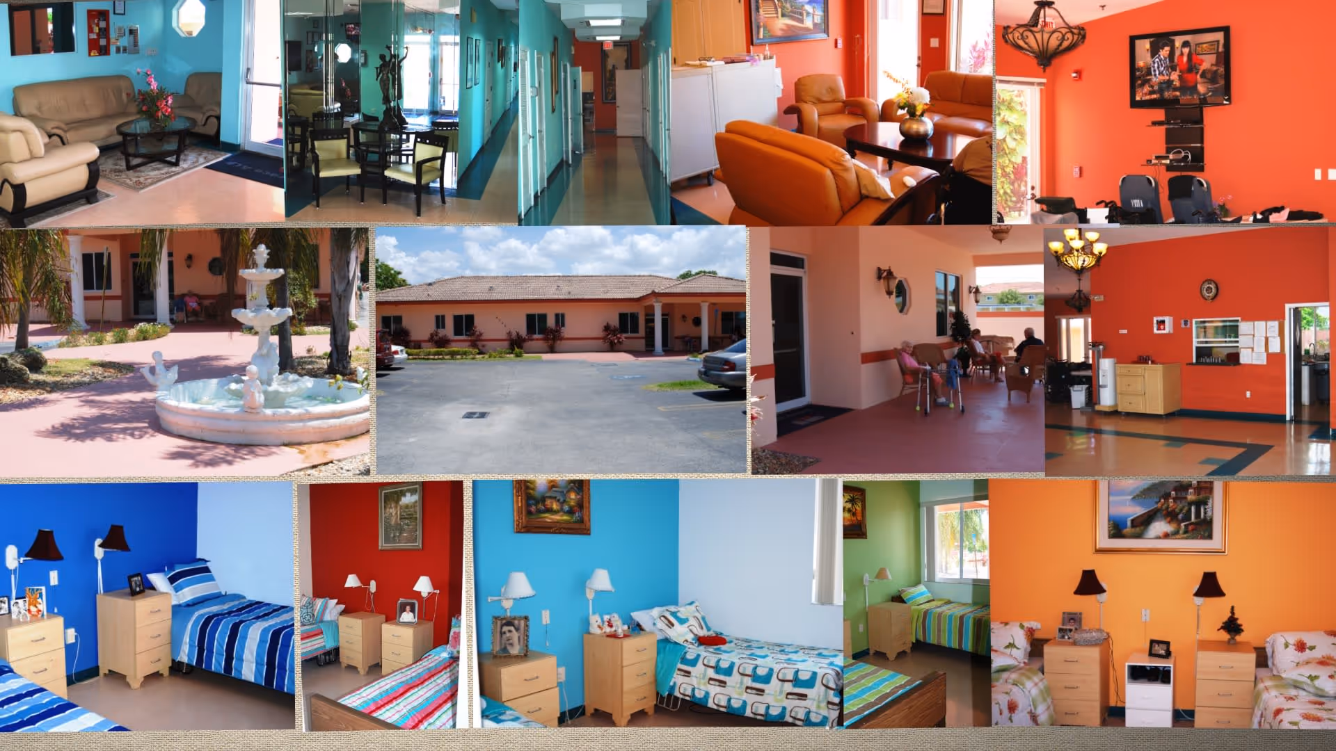 Collage of photos showing Coral Terrace ALF's colorful interior common areas, exterior courtyard with a fountain, building front, and several furnished bedrooms.