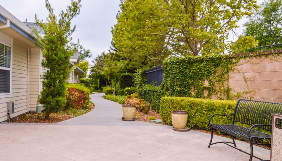 A paved walkway winding through a garden area with green bushes, trees, and potted plants. There is a black metal bench on the right side and a beige building with windows on the left side. The scene is outdoors with a partly cloudy sky.