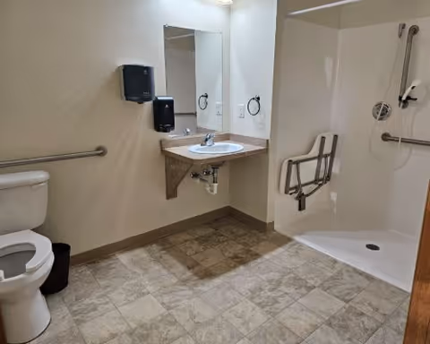 Accessible bathroom with a toilet, a wall-mounted sink with a mirror above it, a paper towel dispenser, and a roll-in shower equipped with grab bars and a handheld showerhead.