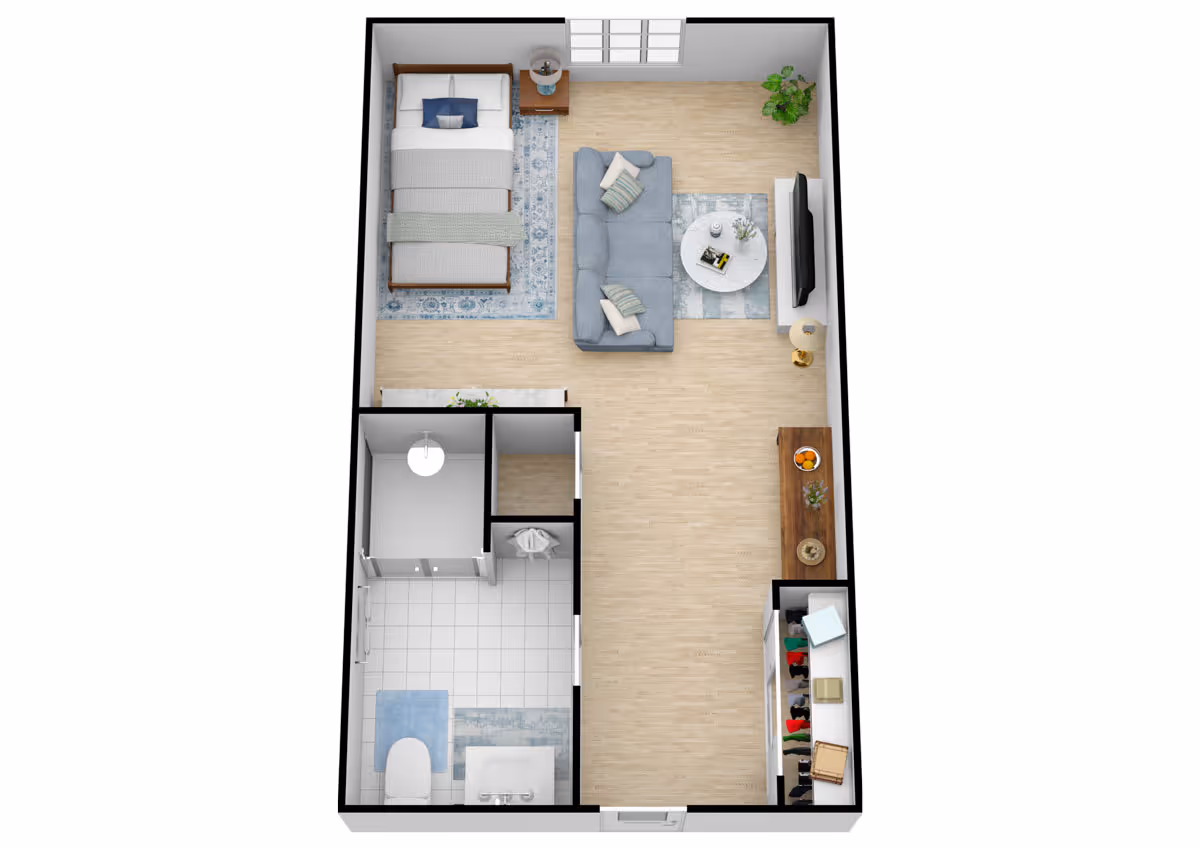 3D floor plan of a small apartment featuring a bedroom area with a bed and nightstand, a living area with a sofa, coffee table, TV, and console table, a bathroom with a toilet, sink, and shower, and a closet space near the entrance.