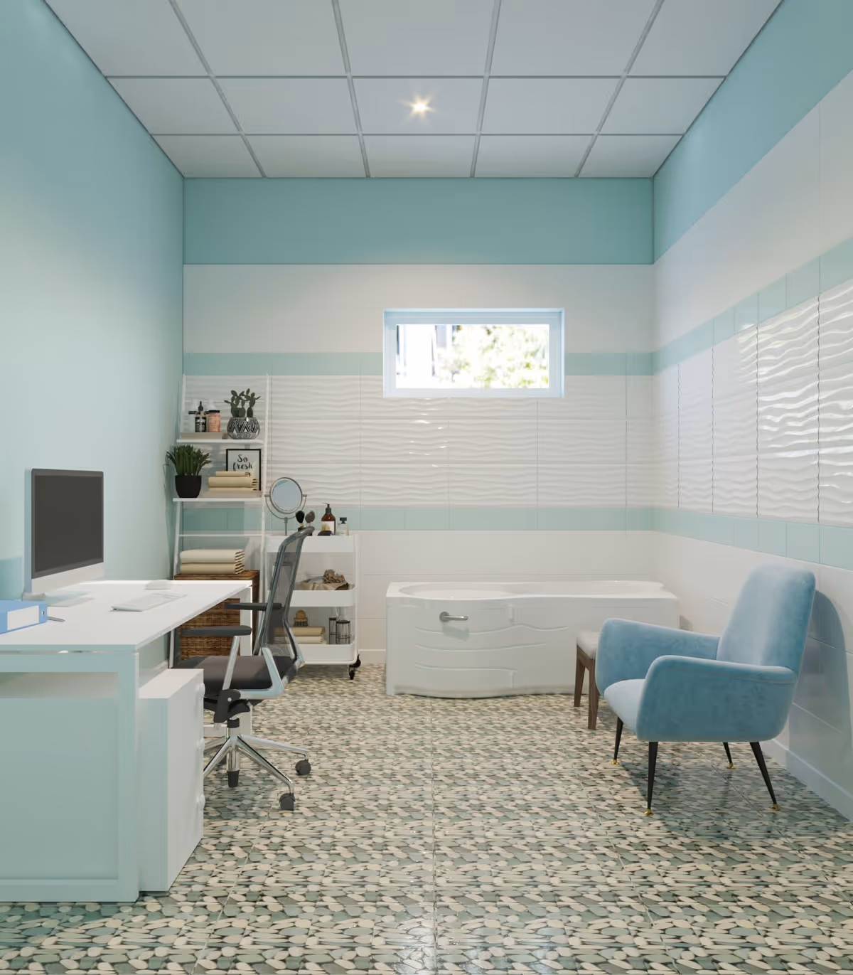 A bright room with light blue walls and patterned tile floor featuring a white bathtub, a blue armchair, a white desk with a computer and office chair, and a shelving unit with plants and towels. A small window lets in natural light.
