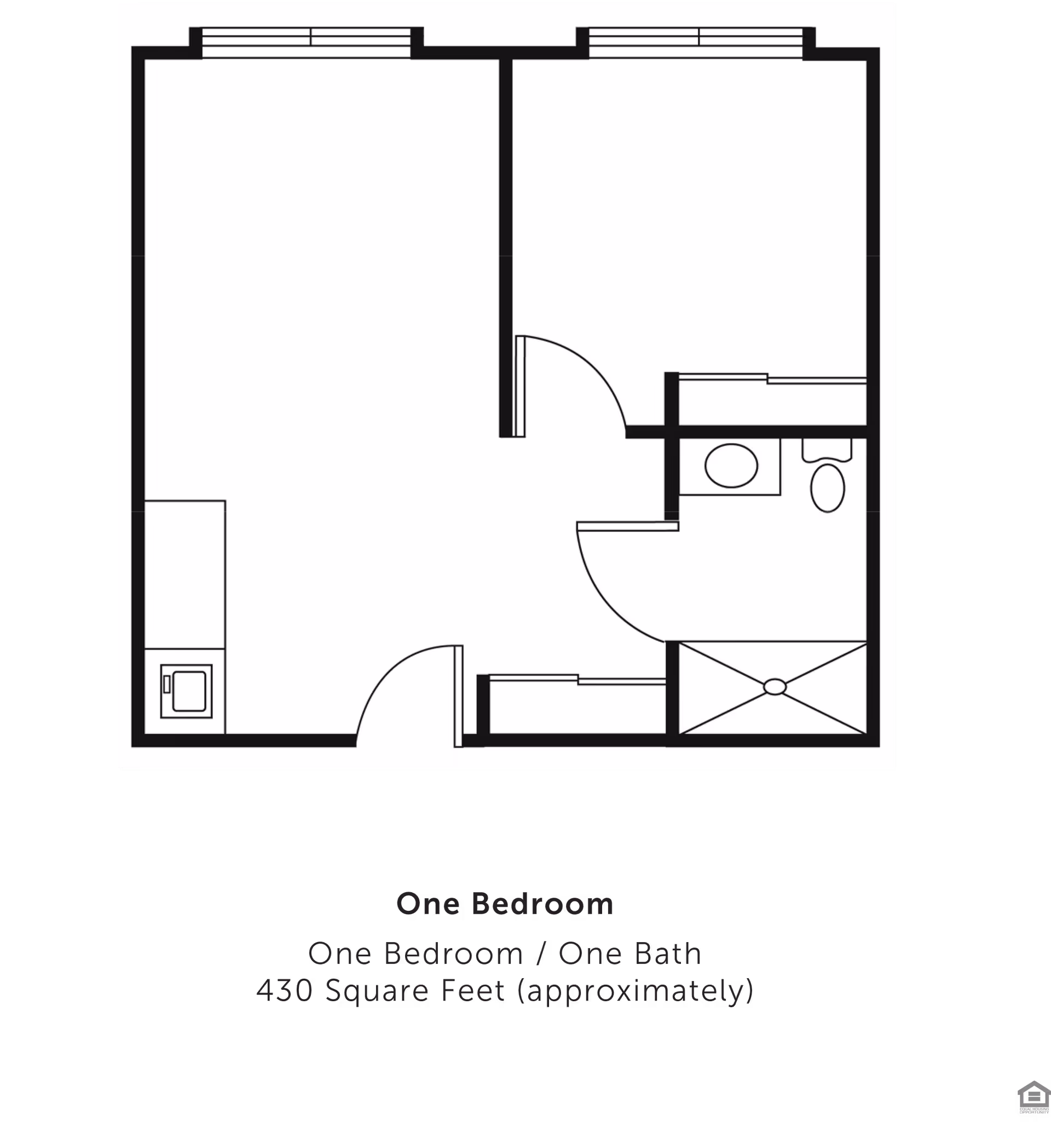 Floor plan layout of a one-bedroom, one-bath apartment approximately 430 square feet, showing a bedroom, bathroom with shower, and a combined living and kitchen area.