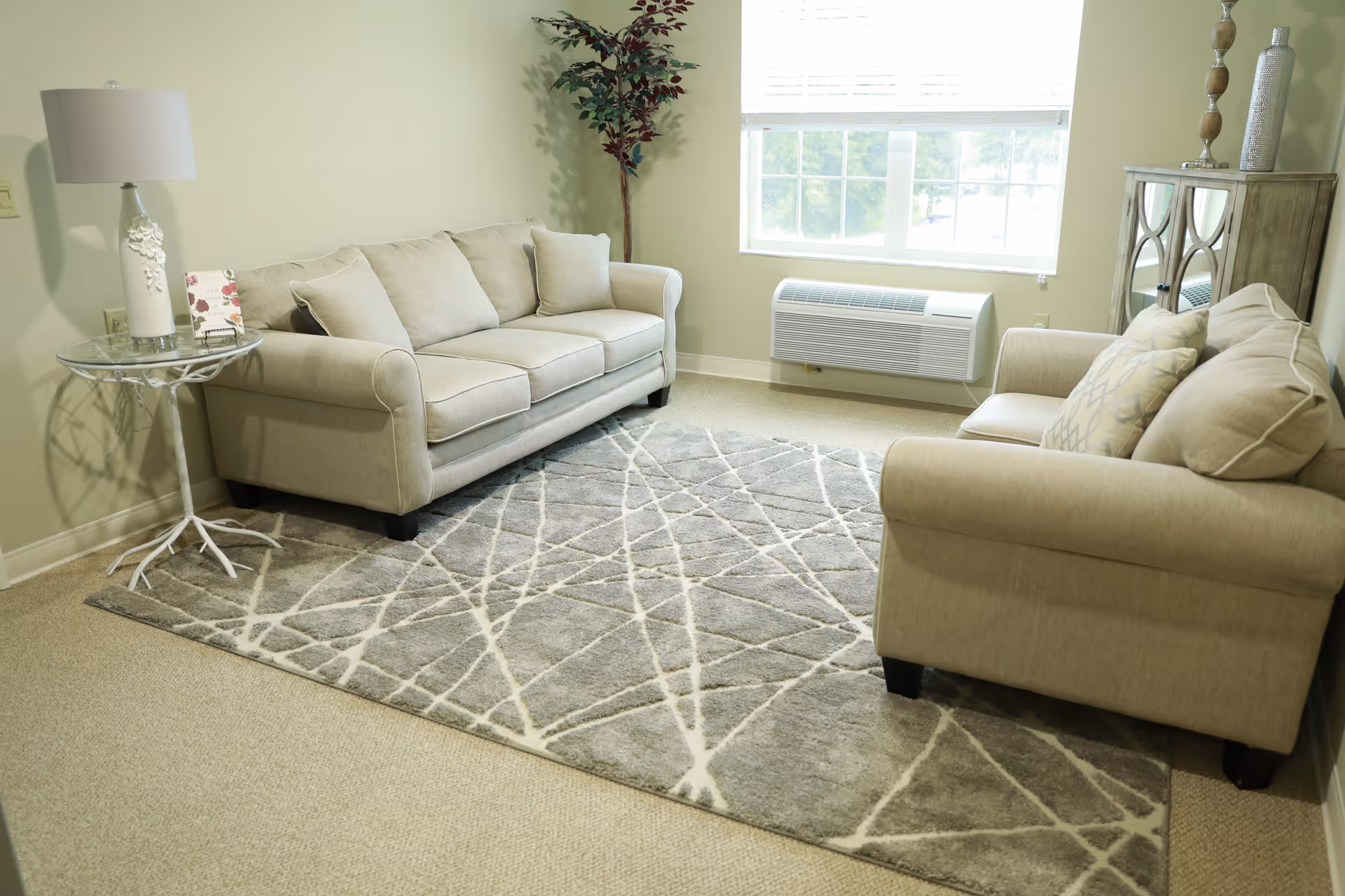 A cozy living room with two beige sofas facing each other on a patterned gray area rug. There is a small round side table with a lamp and a framed photo on the left side, a tall potted plant in the corner, a window with blinds, and a wooden cabinet with decorative items on the right.