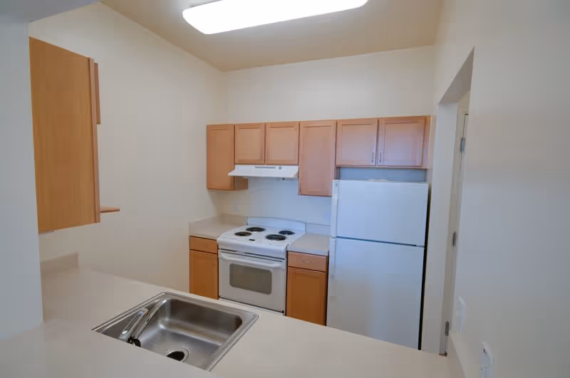 Small apartment kitchen with a white stove and refrigerator, light wood cabinets, and a sink in the foreground.