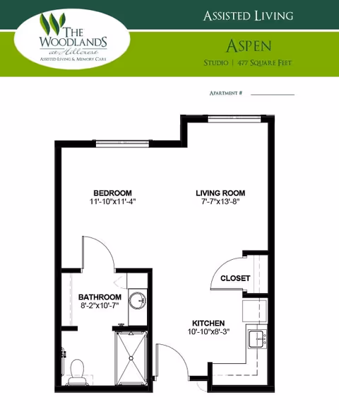 Floor plan of a studio apartment named Aspen at The Woodlands assisted living facility, showing a bedroom, living room, kitchen, bathroom, and closet with dimensions.