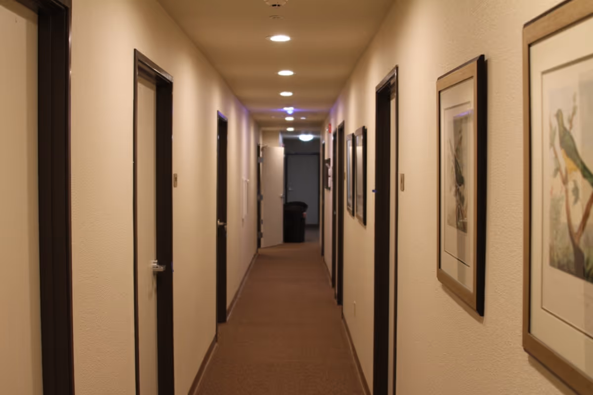 A long indoor hallway with beige walls and brown carpet. Several closed doors line both sides of the hallway, and framed pictures of birds hang on the right wall. Ceiling lights illuminate the corridor, and an open door is visible at the far end.
