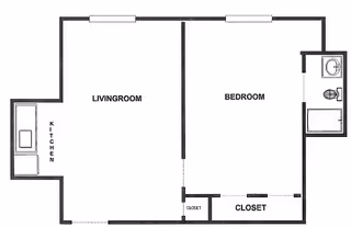 Black and white floor plan of a one-bedroom apartment showing a living room, kitchen, bedroom, bathroom, and closets.