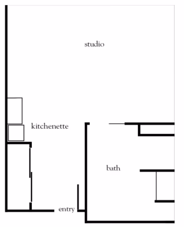 Floor plan layout showing a studio apartment with labeled areas including kitchenette, bath, and entry.
