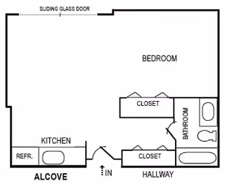 Floor plan layout of a supportive living unit at Moraine Court Supportive Living showing an alcove with kitchen and refrigerator, a bedroom with two closets, a hallway, and a bathroom with a bathtub and toilet. The unit has a sliding glass door.