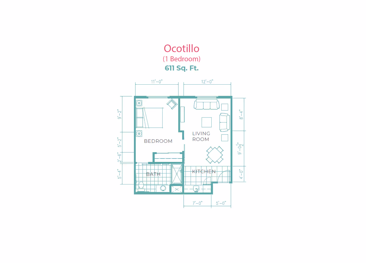 Floor plan of a one-bedroom apartment named Ocotillo with a total area of 611 square feet. The layout includes a bedroom, living room, kitchen, and bathroom with dimensions marked for each section.