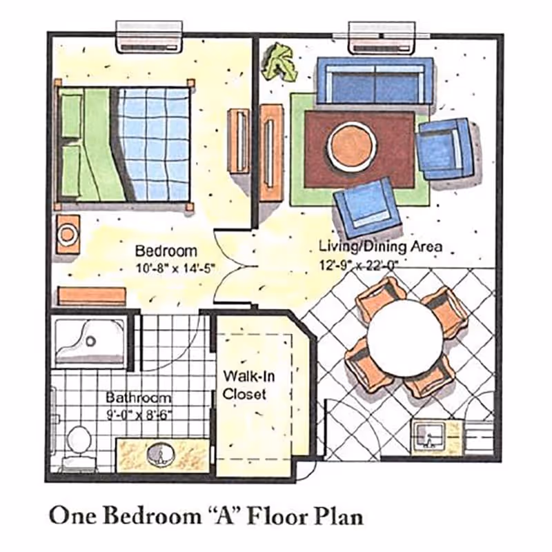 Floor plan of a one-bedroom apartment labeled 'One Bedroom A Floor Plan' showing a bedroom with a bed, a bathroom with a shower, toilet, and sink, a walk-in closet, and a combined living and dining area with seating and a dining table.