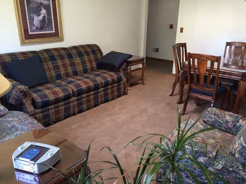A cozy living room area with a plaid sofa, floral armchairs, a wooden side table, and a wooden dining table with chairs. There is a framed picture on the wall and a potted plant in the foreground.