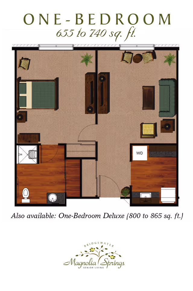Top-down one-bedroom apartment floor plan showing a bedroom, living area, kitchen, bathroom, and closets.