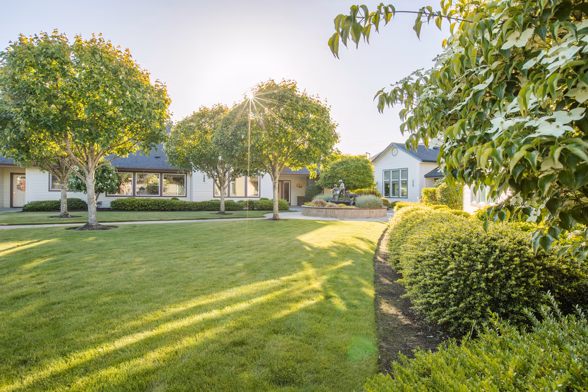 Sunlit courtyard with a manicured lawn, trees, shrubs, and single-story Gateway Gardens buildings in the background.