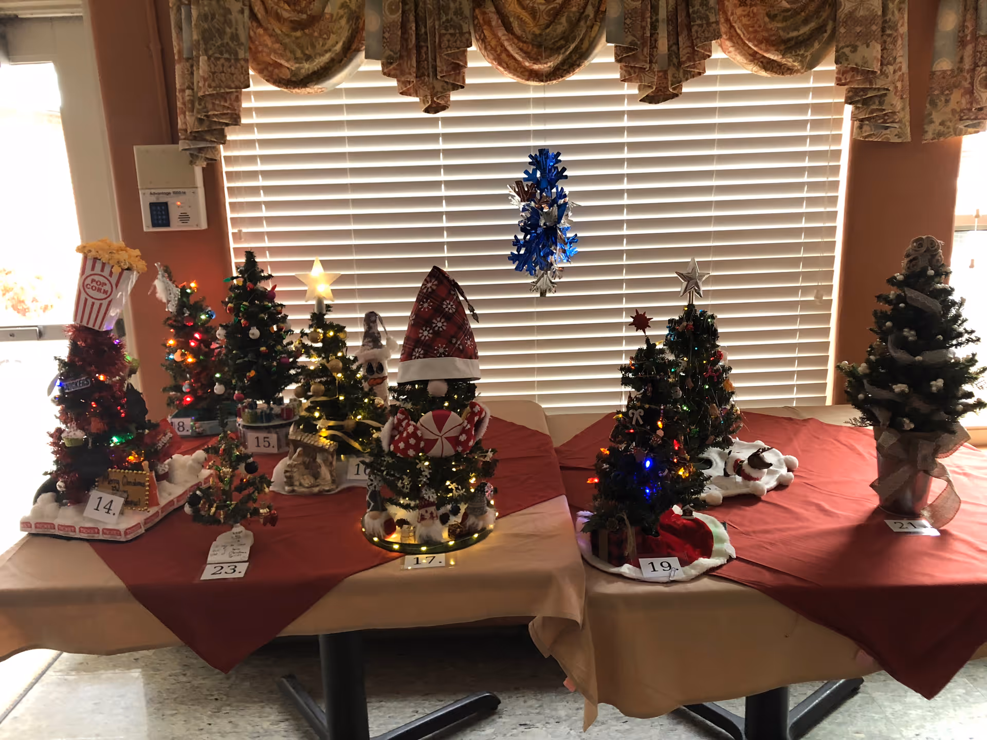 A display of several small decorated Christmas trees arranged on tables covered with red and beige tablecloths in front of a window with closed blinds and floral valances. Each tree is uniquely decorated with ornaments, lights, and themed decorations, and has a numbered tag in front of it.
