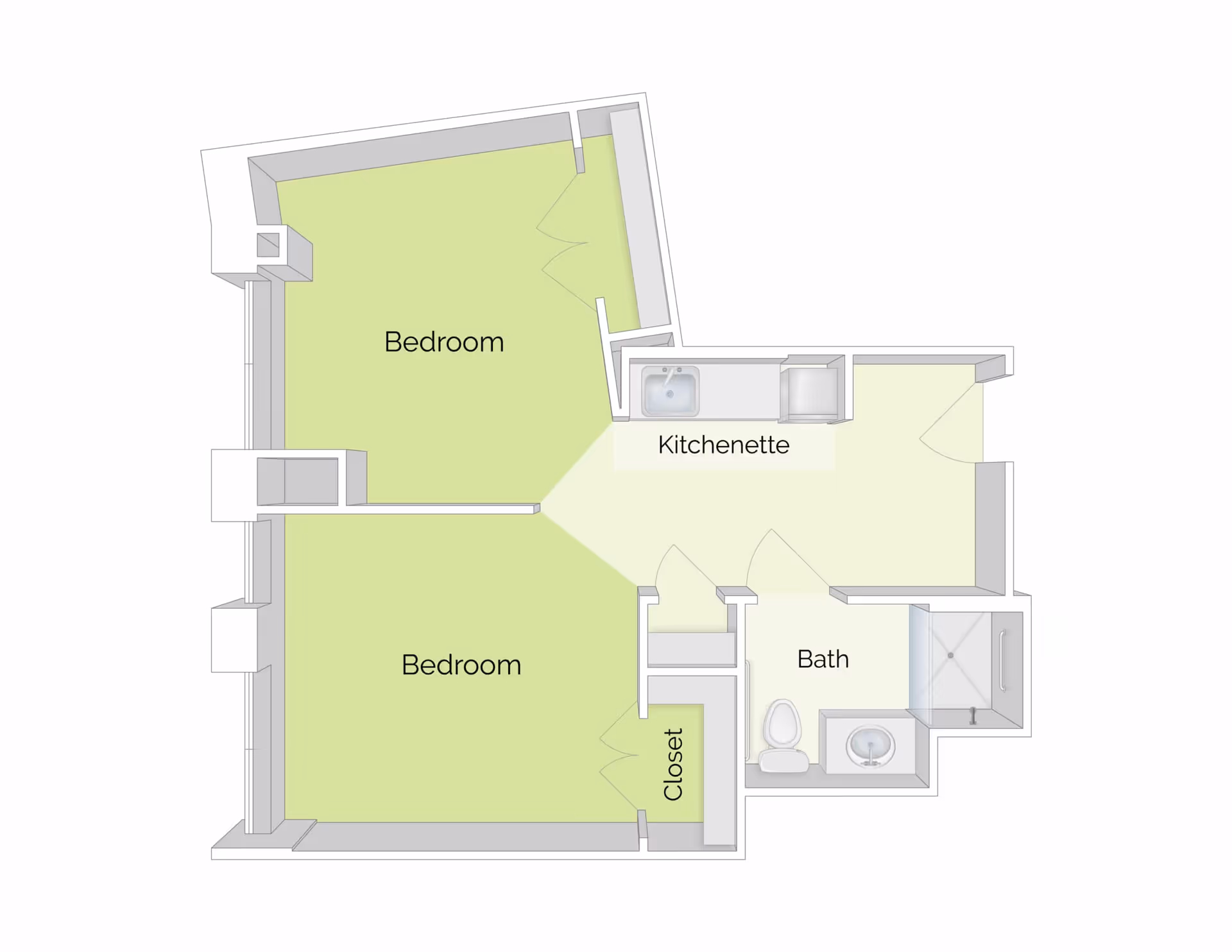 Floor plan of a living space at The Residence at Bala Cynwyd showing two bedrooms, a kitchenette, a bathroom with a toilet, sink, and shower, and a closet.