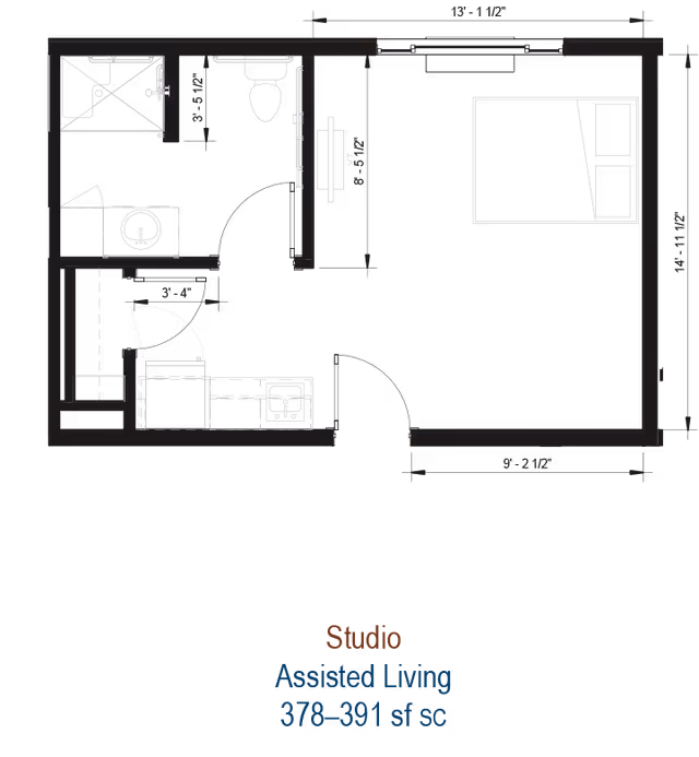 Black architectural floor plan of a studio assisted living unit showing a bed area, kitchenette, and bathroom layout.