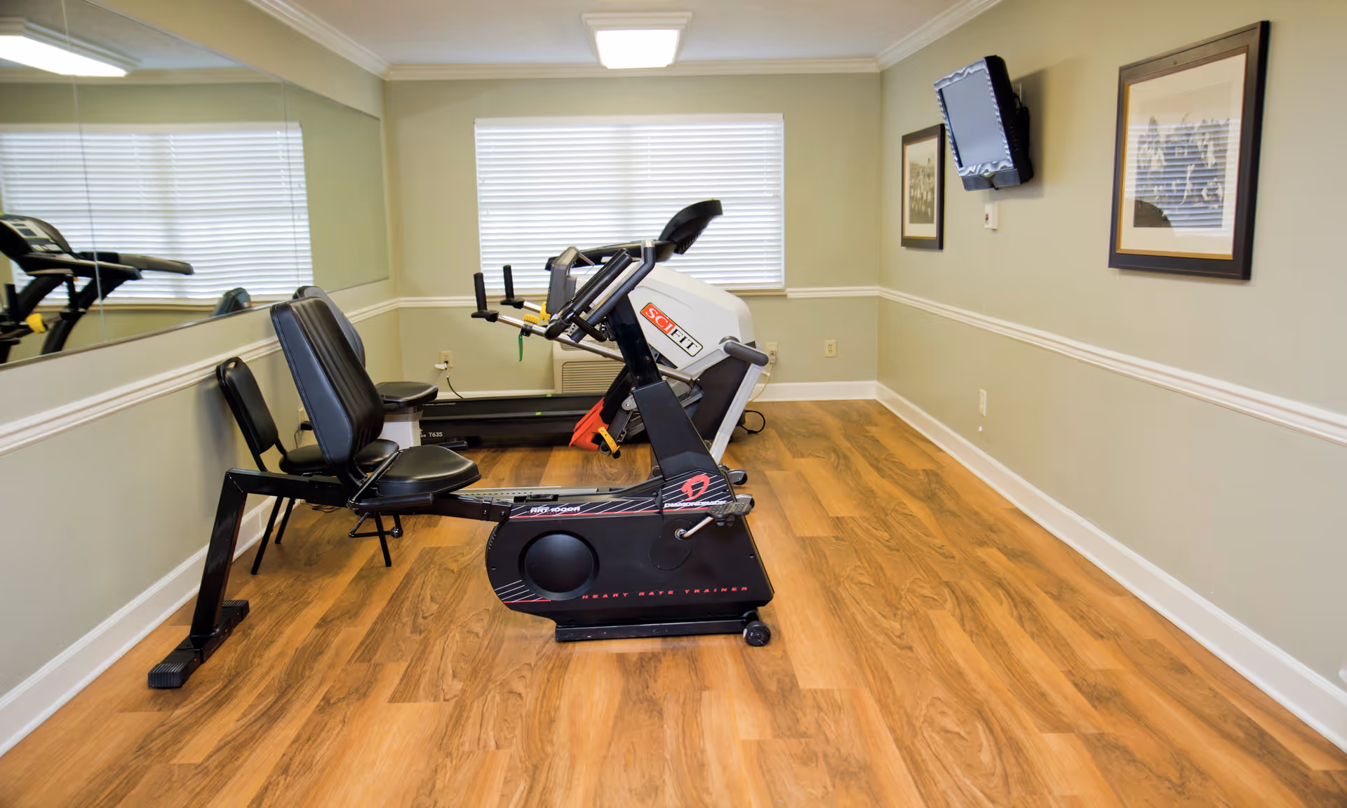 A small exercise room with wooden flooring, featuring a recumbent exercise bike and a treadmill. The room has light green walls with white trim, a large mirror on one wall, two framed pictures on another wall, and a wall-mounted flat screen TV. A window with closed blinds is at the far end of the room.