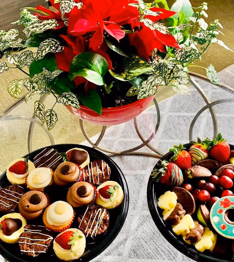 A glass table with a red pot containing a green and red leafy plant in the center. On the table are two black trays filled with assorted desserts including chocolate-covered strawberries, mini cupcakes with frosting and strawberries, chocolate treats, and fruit pieces.
