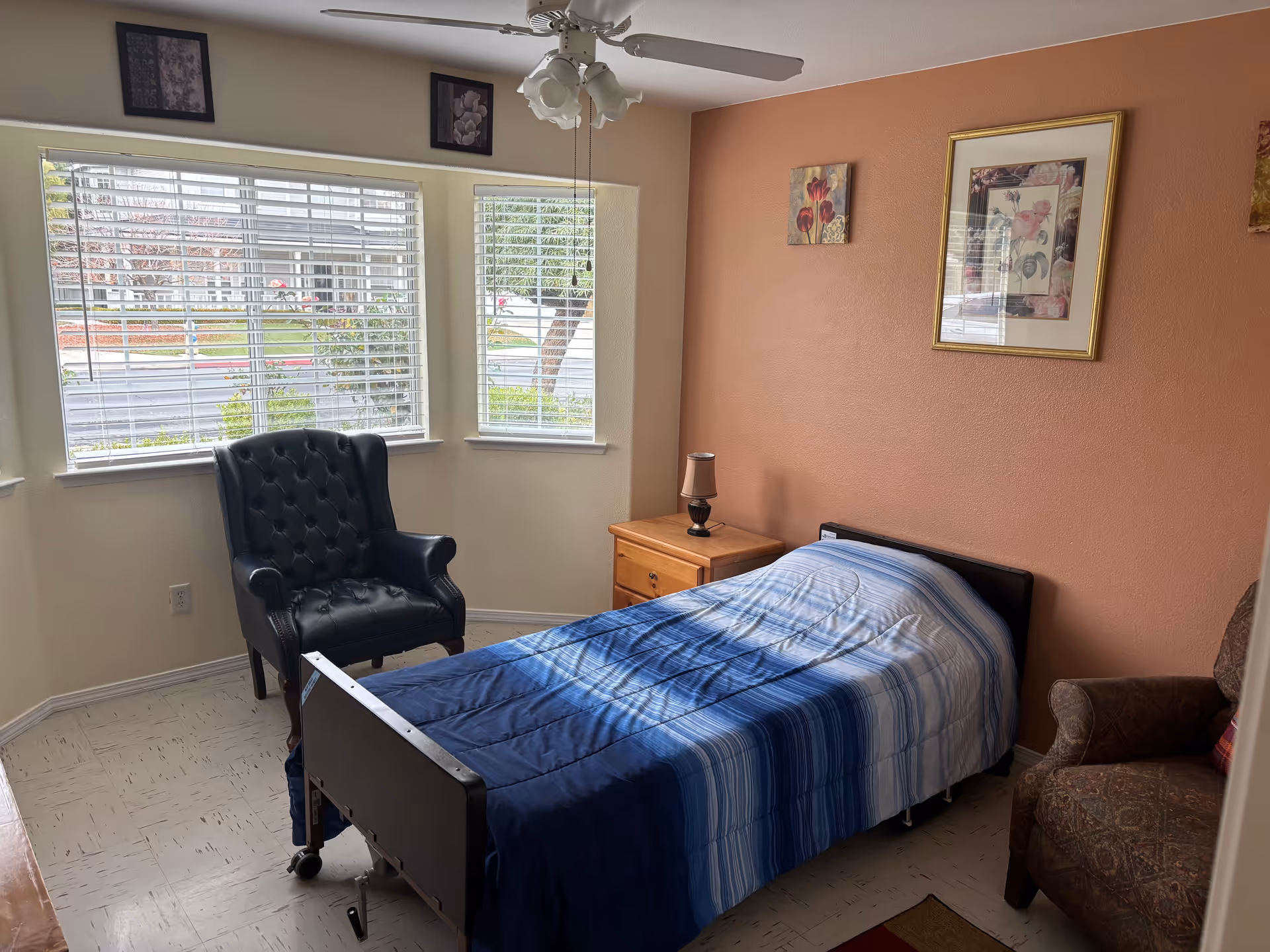 Sunlit bedroom with a single bed, black armchair, wooden nightstand, and multi pane windows, ceiling fan.