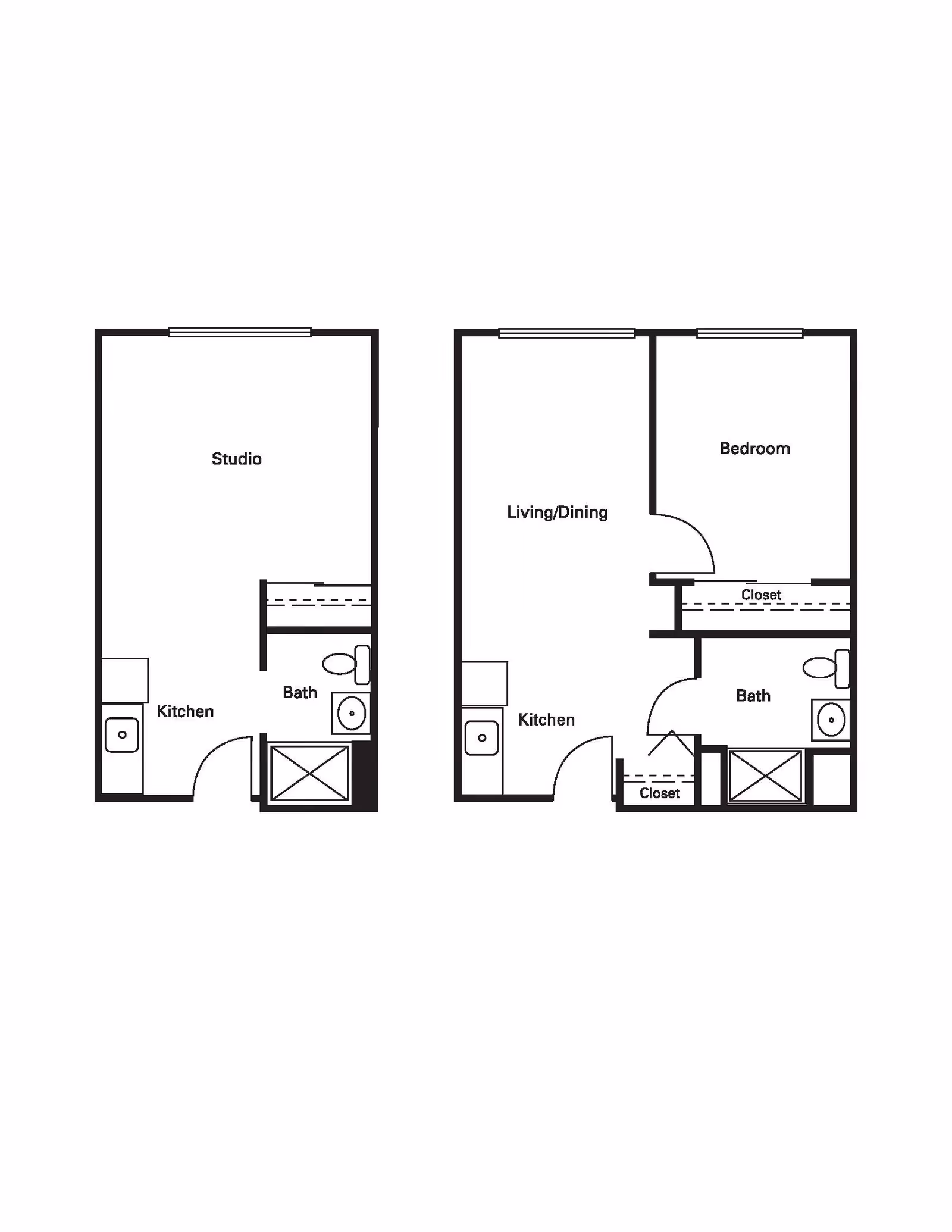 Floor plan layout showing two apartment units. The left unit is a studio with a kitchen, bath, and studio area. The right unit has a bedroom, living/dining area, kitchen, bath, and closets.