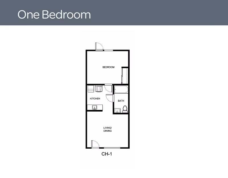 Black-and-white floor plan titled 'One Bedroom' showing a one-bedroom unit with living/dining, kitchen, bath, and bedroom.