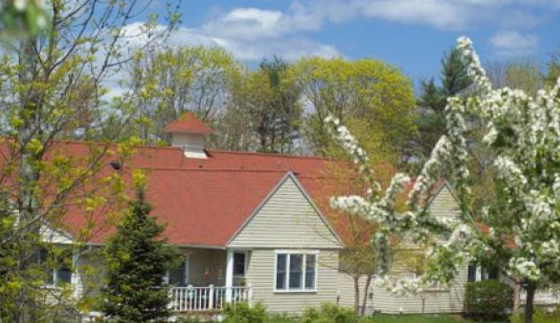 Single-story residential building with a red roof and white siding partially obscured by flowering trees and greenery.