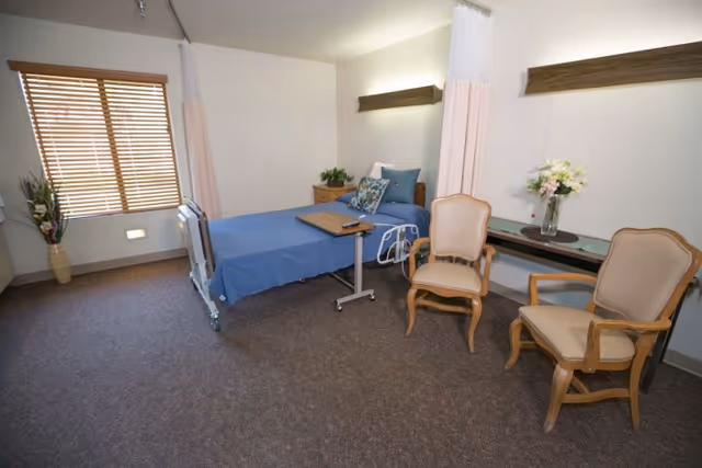 A room with a single hospital-style bed covered with a blue blanket and pillows, a small overbed table, two beige armchairs, a long table with a vase of flowers, a window with wooden blinds, and a potted plant in the corner.