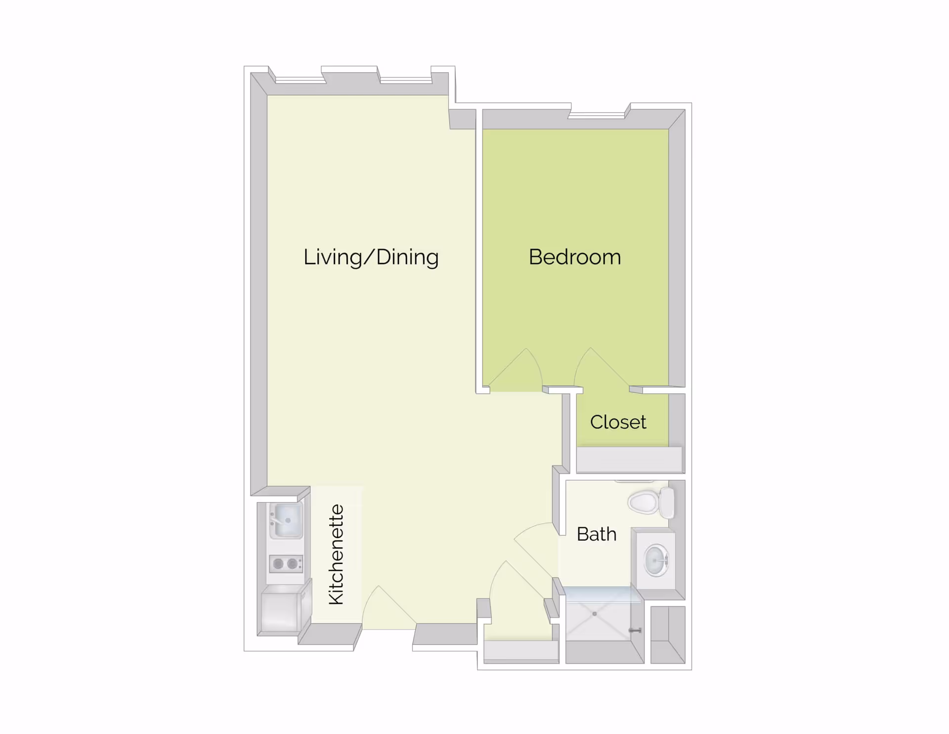 Simple one-bedroom floor plan showing a living/dining area, bedroom, closet, kitchenette, and bathroom.