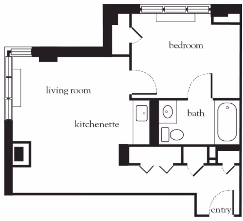 Floor plan layout of a senior living unit at Atria Forest Hills showing a living room with kitchenette, a bedroom, a bathroom with bathtub, sink, and toilet, and an entry area.