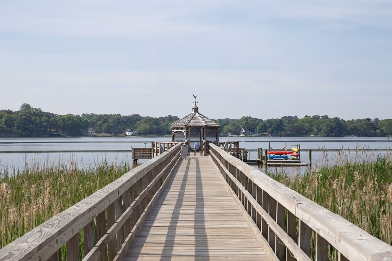 A wooden boardwalk leading to a small gazebo over a calm body of water, surrounded by tall grass and trees in the distance under a clear sky.