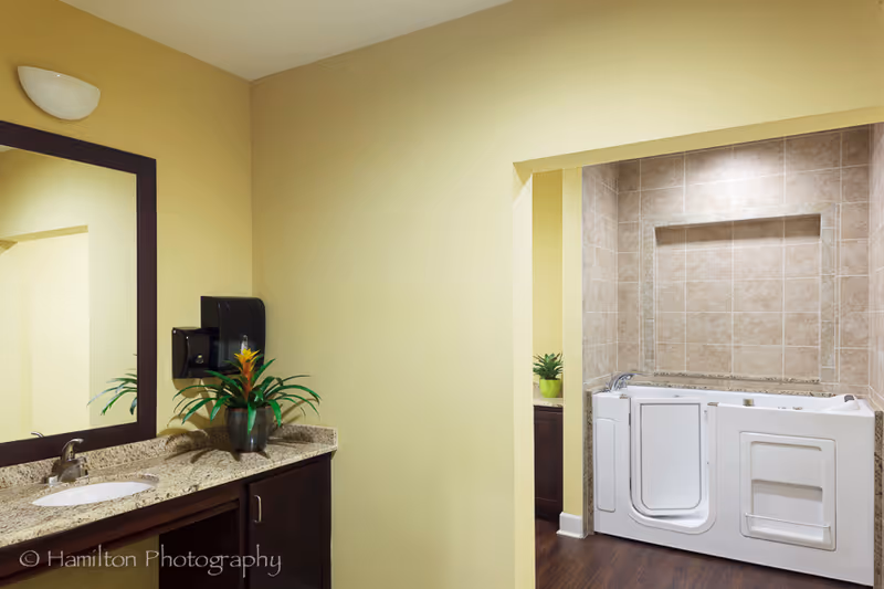 Interior view of a bathroom area in Bayshore Memory Care featuring a granite countertop with a sink, a large mirror, a potted plant, and a walk-in bathtub with tiled walls.