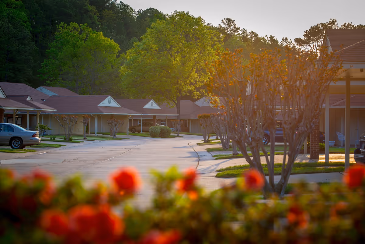 Row of single-story senior living units and a driveway framed by trees and red flowers in the foreground at sunset.