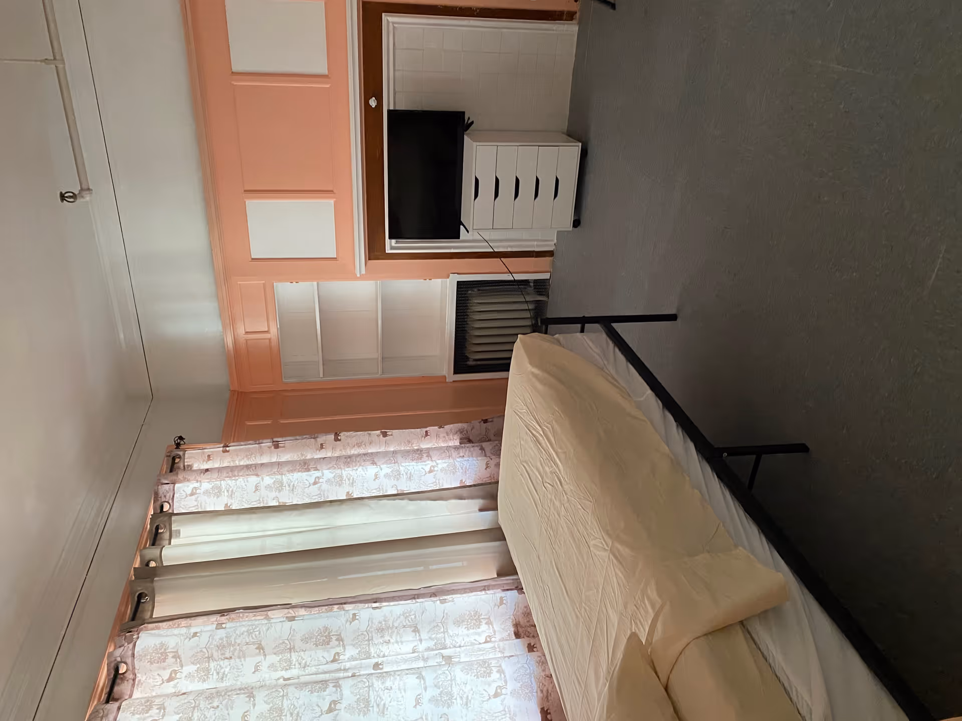 Simple bedroom with a metal-frame bed, pale patterned curtains, and a small dresser with a TV against a pink paneled wall.