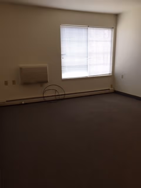 Empty room with beige walls and carpeted floor, a large window with closed blinds, a wall-mounted heater below the window, and some cables on the floor near the wall.