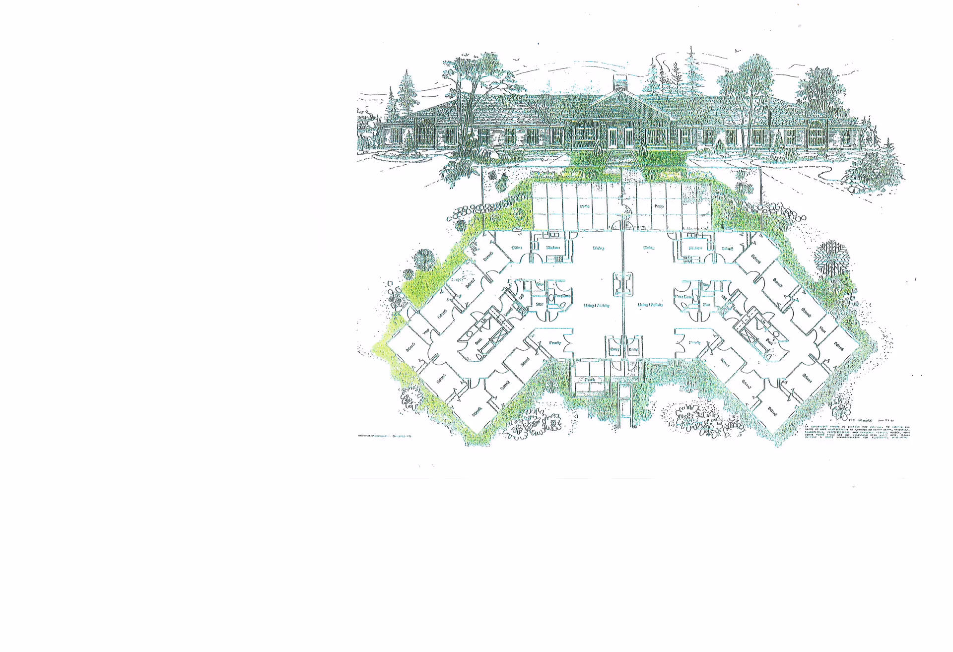 Architectural floor plan of The Cottages at Mill Creek showing a detailed layout of rooms and common areas, with a sketch of the building exterior above the floor plan.