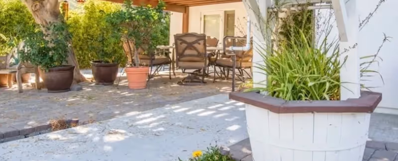 Outdoor patio area with a shaded pergola, several potted plants, and a table with chairs set for seating. The area is surrounded by greenery and trees, creating a peaceful garden-like atmosphere.